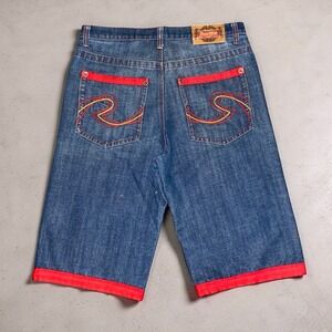 Y2K Raw Blue Mens 32 Baggy Denim Jorts Embroidered Hip Hop Jean Shorts